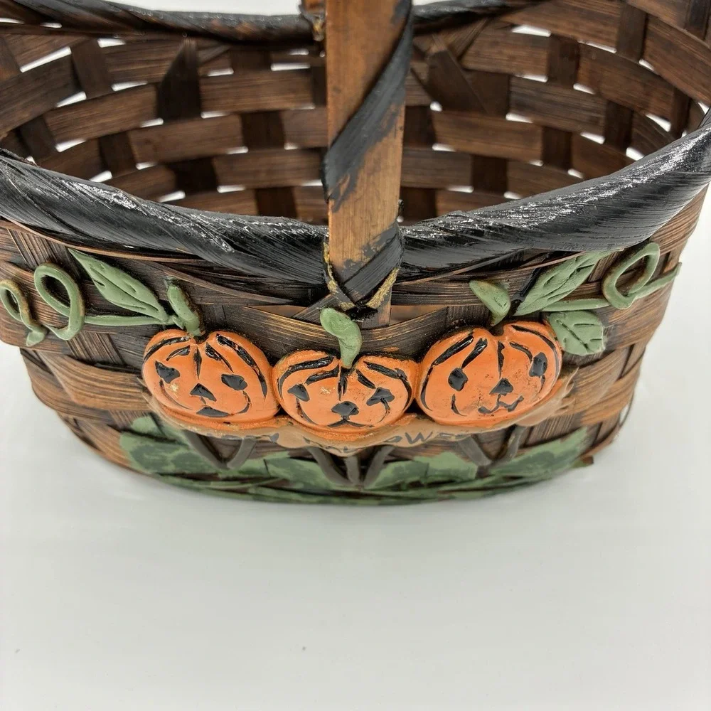 Vintage Woven Splint Basket Halloween Jack-O-Lantern Pumpkins Happy Halloween